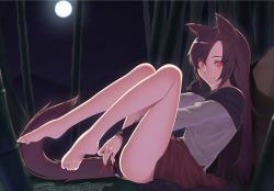 Rule 34 | 1girl, animal ears, bamboo, bare legs, barefoot, brown hair, feet, fingernails, full body, full moon, imaizumi kagerou, kaiza (rider000), long fingernails, long hair, looking at viewer, moon, night, night sky, outdoors, plantar flexion, reclining, red eyes, red skirt, skirt, sky, smile, solo, tail, toes, touhou, wolf ears, wolf tail