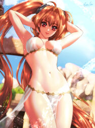 Rule 34 | 1girl, armpits, arms behind head, auburn hair, belly dancer, breasts, brown hair, cleavage, dancer, eiyuu densetsu, estelle bright, esther shen, harem outfit, large breasts, legs, loincloth, long hair, looking at viewer, red eyes, smile, solo, sora no kiseki, thighs, twintails