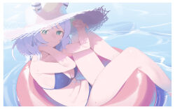 Rule 34 | 1girl, absurdres, alternate costume, animal ears, bare arms, bare shoulders, bikini, blue bikini, blush, breasts, closed mouth, commentary request, day, ear covers, hands up, hat, hat ribbon, highres, hishi miracle (umamusume), horse ears, horse girl, innertube, looking at viewer, medium breasts, ribbon, short hair, sitting, smile, solo, straw hat, string bikini, sun hat, swim ring, swimsuit, thighs, umamusume, uta (xuyansong1996), water