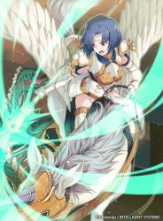 Rule 34 | 1girl, 40hara, armor, blue eyes, blue hair, breastplate, catria (fire emblem), company connection, copyright name, dress, elbow gloves, fire emblem, fire emblem cipher, fire emblem echoes: shadows of valentia, gloves, glowing, glowing weapon, headband, highres, holding, holding weapon, horns, horseback riding, looking back, monster, nintendo, official art, open mouth, pauldrons, pegasus, pegasus knight uniform (fire emblem), polearm, riding, short hair, shoulder armor, single horn, sleeveless, thighhighs, weapon, wings