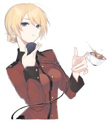 Rule 34 | 1girl, absurdres, blonde hair, blue eyes, braid, cowboy shot, cup, darjeeling (girls und panzer), epaulettes, girls und panzer, half-closed eyes, highres, holding, holding cup, jacket, long sleeves, looking at viewer, military, military uniform, parted lips, radio, red jacket, short hair, simple background, solo, spilling, st. gloriana&#039;s military uniform, standing, tea, teacup, tsunami samemaru, uniform, white background