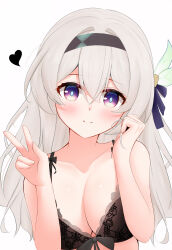 Rule 34 | 1girl, absurdres, black bra, black hairband, blue bow, blush, bow, bra, breasts, closed mouth, collarbone, commentary, english commentary, firefly (honkai: star rail), hair bow, hairband, hands up, heart, highres, honkai: star rail, honkai (series), knosdeba, lace, lace-trimmed bra, lace trim, large breasts, long hair, looking at viewer, simple background, smile, solo, underwear, v, white background, white hair
