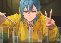 Rule 34 | 1girl, 2023, artist logo, beaker, blue hair, breaking bad, chemicals, closed mouth, collared shirt, commentary, earrings, english commentary, hair between eyes, highres, hiroki ree, holding pipette, jacket, jewelry, looking at viewer, love live!, love live! superstar!!, neck ribbon, orange eyes, parody, pipette, raincoat, ribbon, science, shirt, short hair, smirk, solo, stud earrings, upper body, v, v-shaped eyebrows, wakana shiki, yellow jacket, yellow raincoat