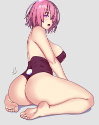 Rule 34 | 1girl, ass, back, blush, fate/grand order, fate (series), feet, from behind, grey background, hair between eyes, highres, leotard, looking back, mash kyrielight, open mouth, pink hair, playboy bunny, purple eyes, rabbit tail, short hair, simple background, soles, solo, toes, vibncent