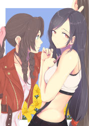 Rule 34 | 2girls, absurdres, aerith gainsborough, against wall, black hair, bow, braid, braided ponytail, brown hair, crop top, dress, drill hair, embarrassed, final fantasy, final fantasy vii, final fantasy vii remake, hair bow, highres, jacket, kzm (cookie-eluza), long hair, looking at another, looking to the side, low-tied long hair, multiple girls, pink dress, red jacket, suspenders, tifa lockhart, twin drills, kabedon, yuri