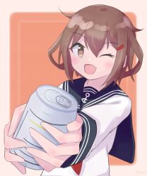 Rule 34 | 1girl, absurdres, alcohol, bad id, bad pixiv id, beer, beer can, black sailor collar, blush, brown eyes, brown hair, can, commentary request, drink can, hair between eyes, hair ornament, hairclip, highres, holding, ikazuchi (kancolle), kantai collection, long sleeves, neckerchief, one eye closed, open mouth, red neckerchief, sailor collar, school uniform, serafuku, short hair, smile, solo, uniform, unoi, upper body
