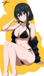 Rule 34 | 1girl, absurdres, artist logo, barefoot, bikini, black bikini, black shirt, blush, breasts, cleavage, closed mouth, commentary, english commentary, halterneck, hand in own hair, highres, indexxryo, invisible floor, large breasts, looking at viewer, navel, off shoulder, open clothes, open shirt, shirt, short hair, side-tie bikini bottom, sidelocks, sitting, smile, solo, spy x family, swimsuit, yor briar