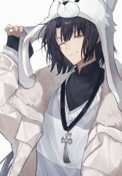 Rule 34 | 1boy, animal hat, black hair, closed mouth, coat, fate/grand order, fate (series), hair between eyes, hand on headwear, hat, highres, jewelry, long sleeves, looking at viewer, male focus, necklace, one eye closed, open clothes, open coat, purple eyes, sherry 0014, simple background, solo, sweater, tai gong wang (dream portrait) (fate), tai gong wang (fate), tassel, twitter username, upper body, white background