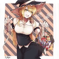 Rule 34 | 1girl, :d, absurdres, bandages, basket, black hat, black skirt, blonde hair, breasts, commentary request, happy halloween, hat, highres, kirisame marisa, long hair, open mouth, skirt, smile, solo, striped background, touhou, two-tone background, yagoro kusuriya, yellow eyes