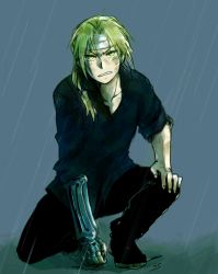 Rule 34 | 1boy, automail, bandaged head, bandages, black pants, black shirt, blonde hair, boots, clenched hand, dirty, dirty face, edward elric, fingernails, frown, full body, fullmetal alchemist, grey background, kneeling, long hair, long sleeves, male focus, on one knee, pants, ponytail, rain, serious, shaded face, shirt, simple background, sleeves rolled up, solo, tsukuda0310, yellow eyes