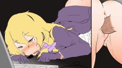 Rule 34 | 1boy, 1girl, animated, animated gif, anus, blonde hair, blush, bottomless, cookie (touhou), dress, fang, frilled dress, gloves, headphones, hetero, kirisame marisa, laptop, long hair, microphone, open mouth, pussy, pussy juice, rei (cookie), ribbon, saliva, sex, sorry carl, sweat, top-down bottom-up, touhou, uncensored, vaginal, yellow eyes