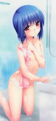 Rule 34 | 1girl, absurdres, bathroom, blue hair, blush, breasts, collarbone, completely nude, convenient censoring, covered erect nipples, hair between eyes, head tilt, highres, kneeling, little busters!, looking at viewer, na-ga, nishizono mio, nude, official art, parted lips, pink towel, red eyes, short hair, small breasts, soap bubbles, soap censor, solo, topless, towel