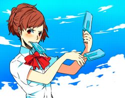 Rule 34 | 1girl, ai-wa, atlus, blue sky, bow, brown hair, dress shirt, dual wielding, food, food in mouth, holding, looking at viewer, megami tensei, mouth hold, persona, persona 3, persona 3 portable, popsicle, red eyes, school uniform, shin megami tensei, shiomi kotone, shirt, short hair, sky, solo, upper body