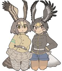 Rule 34 | 2girls, absurdres, bad id, bad twitter id, belt, blush, gloves, golden eagle (kemono friends), head wings, highres, igarashi (nogiheta), kemono friends, multiple girls, peregrine falcon (kemono friends), shorts, skirt, tail, thighhighs, triangle mouth, uniform, v-shaped eyebrows, wings, yellow eyes