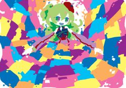 Rule 34 | 1girl, beret, confiture pluie (vocaloid), detached sleeves, green eyes, green hair, hat, long hair, macne nana, macne series, matching hair/eyes, noja (mizoredama), open mouth, outstretched arms, solo, spread arms, vocaloid