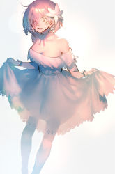 Rule 34 | 1girl, bare shoulders, breasts, cleavage, clothes lift, dress, dress lift, eyes visible through hair, fate/grand order, fate (series), flower, gloves, hair between eyes, hair flower, hair ornament, hair over one eye, lace, lace-trimmed dress, lace trim, legs apart, lifting own clothes, mash kyrielight, mash kyrielight (formal dress), mebaru, medium breasts, off-shoulder dress, off shoulder, official alternate costume, open mouth, pink hair, see-through, short hair, smile, solo, white dress, white flower, white gloves