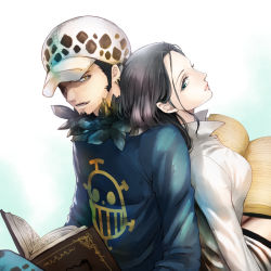 Rule 34 | 1boy, 1girl, back-to-back, bad id, bad pixiv id, beard, black hair, blue background, blue sweater, book, breasts, closed mouth, collared shirt, earrings, eyelashes, facial hair, feathers, hair slicked back, hat, jewelry, leaning back, leaning on person, long hair, long sideburns, long sleeves, looking at viewer, looking back, nico robin, one eye covered, one piece, open book, parted lips, shinmanawa, shirt, sideburns, sitting, smile, sweater, trafalgar law, white shirt, yellow eyes