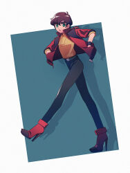 Rule 34 | 1boy, ankle boots, belt, black belt, black pants, black wristband, blue background, boots, brown hair, drop shadow, film grain, full body, green eyes, gundam, gundam zz, hands in pockets, high collar, high heel boots, high heels, highres, jacket, judau ashta, looking at viewer, male focus, multicolored background, open clothes, open jacket, pants, pin (penco co), red footwear, red jacket, shirt, short hair, simple background, sleeves past elbows, solo, thick eyebrows, walking, white background, yellow shirt