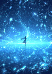 Rule 34 | 1girl, ahoge, backlighting, blue theme, bow, commentary, dress, facing away, fantasy, hair bow, hands up, highres, light particles, long hair, low ponytail, original, reflection, sakimori (hououbds), solo, wind