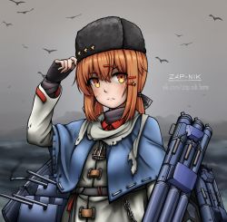 Rule 34 | 1girl, artist name, black bow, black gloves, black hat, blue shawl, bow, brown eyes, brown hair, cloud, cloudy sky, fingerless gloves, fur hat, gloves, hair between eyes, hair bow, hair ornament, hairclip, hat, jacket, kantai collection, long hair, looking at viewer, low twintails, machinery, papakha, ribbon trim, scarf, shawl, sky, solo, star (symbol), tashkent (kancolle), torn clothes, torn scarf, torpedo tubes, turret, twintails, upper body, watermark, web address, white jacket, white scarf, zap-nik