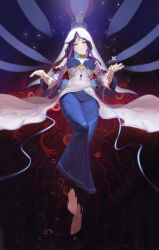 Rule 34 | 1girl, absurdres, barefoot, benghuai xueyuan, blue dress, blue eyes, breasts, chinese commentary, commentary request, detached sleeves, disembodied eye, dress, expressionless, full body, gem, hair ornament, hand up, highres, honkai (series), jyahnar (benghuai xueyuan), long dress, long hair, looking at viewer, medium breasts, niao fan, purple hair, red eyes, slit pupils, solo, toes, white dress, white shrug, white sleeves, white veil, yellow collar