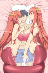 Rule 34 | 2girls, bare shoulders, bed sheet, blank eyes, bra, breast press, breasts, commentary, commission, dakimakura (object), english commentary, eye contact, girl sandwich, hair between eyes, hair ornament, hair tubes, hairclip, jewelry, kurusu kimihito, lamia, large breasts, light blush, lindaroze, long hair, looking at another, lying, maebari, mature female, miia&#039;s mother, miia (monster musume), monster girl, monster musume no iru nichijou, mother and daughter, multiple girls, on bed, on side, open mouth, pillow, pillow grab, pointy ears, red bra, red hair, sandwiched, scales, sideways mouth, smirk, smug, symmetrical docking, tail, tongue, tongue out, underwear, yellow eyes
