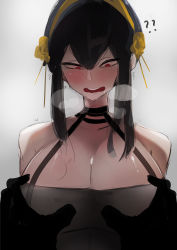 Rule 34 | 1girl, absurdres, artist request, black dress, black hair, breasts, cleavage, dress, grabbing, grabbing another&#039;s breast, highres, long hair, my700, pov, red eyes, spy x family, yor briar