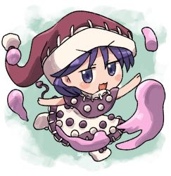 Rule 34 | 1girl, black capelet, blob, blue eyes, blue hair, blush stickers, capelet, doremy sweet, dream soul, dress, full body, hat, nightcap, open mouth, pom pom (clothes), red hat, rokugou daisuke, short hair, signature, smile, solo, touhou, white dress