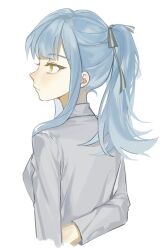 Rule 34 | 1girl, absurdres, alternate hairstyle, arm behind back, bang dream!, bang dream! it&#039;s mygo!!!!!, black ribbon, blue hair, closed mouth, commentary, grey jacket, hair ribbon, haneoka school uniform, hashtag-only commentary, highres, jacket, long hair, long sleeves, ponytail, profile, ribbon, school uniform, sidelocks, simple background, solo, togawa sakiko, upper body, white background, yellow eyes, zhao yifei