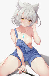 Rule 34 | 1girl, animal ear fluff, animal ears, bare shoulders, blue overalls, blush, breasts, cat ears, chest jewel, collarbone, flute, grey hair, highres, instrument, looking at viewer, medium breasts, mio (xenoblade), naked overalls, nipple slip, nipples, no bra, overall shorts, overalls, short hair, sideboob, smile, solo, strap slip, white background, xenoblade chronicles (series), xenoblade chronicles 3, yellow eyes, z-ki