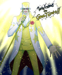 Rule 34 | !, !!, 1boy, earrings, flower, formal, gild tesoro, glasses, green hair, jewelry, male focus, microphone, microphone stand, necklace, one piece, one piece film: gold, open mouth, ring, river ls, rose, solo, suit, sunglasses, teeth