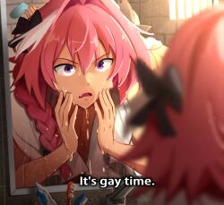 Rule 34 | 1boy, astolfo (fate), bar soap, bars, black bow, blurry, blurry foreground, bow, braid, commentary, d:, english text, fate/apocrypha, fate (series), faucet, hair between eyes, hair bow, highres, khyle., looking at mirror, male focus, mirror, open mouth, pink hair, prison cell, purple eyes, reflection, solo, toothbrush, towel, towel around neck, trap, upper body, water