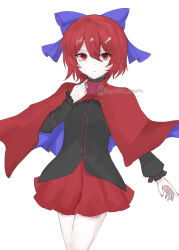 Rule 34 | 1girl, black shirt, blue bow, bow, cloak, closed mouth, commentary, hair bow, highres, kuro wa shinoru, long sleeves, looking at viewer, miniskirt, one-hour drawing challenge, red eyes, red hair, red skirt, sekibanki, shirt, short hair, simple background, skirt, solo, touhou, white background