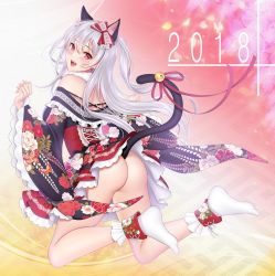 Rule 34 | 1girl, animal ears, ass, bare shoulders, bell, blush, bow, cat ears, cat tail, commentary request, detached sleeves, fang, floral print, full body, gradient background, hair bow, hair ornament, highres, japanese clothes, kimono, long hair, long sleeves, looking at viewer, looking back, no panties, open mouth, petals, re:shimashima, simple background, smile, solo, tabi, tail, tokyo exe girls, wide sleeves