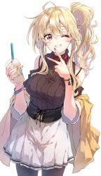 Rule 34 | 1girl, belt collar, black pantyhose, blonde hair, bracelet, breasts, collar, commentary, cup, darjeeling (reley), disposable cup, drinking straw, earrings, english commentary, grin, hair between eyes, heart, heart necklace, highres, jewelry, large breasts, long hair, looking at viewer, nail polish, necklace, one eye closed, original, pantyhose, pink eyes, pink nails, ribbed shirt, ring, shirt, side ponytail, simple background, skirt, sleeveless, sleeveless shirt, smile, solo, w, white background, white skirt