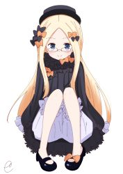 Rule 34 | 1girl, abigail williams (fate), bespectacled, black bow, black dress, black footwear, black hat, blonde hair, bloomers, blue eyes, blush, bow, bug, butterfly, closed mouth, commentary request, dress, fate/grand order, fate (series), forehead, glasses, hair bow, hat, highres, insect, kujou karasuma, long hair, long sleeves, looking at viewer, mary janes, orange bow, parted bangs, polka dot, polka dot bow, shoes, signature, simple background, sitting, sleeves past fingers, sleeves past wrists, smile, solo, underwear, very long hair, white background, white bloomers