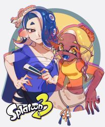 Rule 34 | 2girls, :d, absurdres, bad id, bad twitter id, blonde hair, blue hair, blue tongue, cephalopod eyes, chest sarashi, closed mouth, clothing cutout, colored eyelashes, colored tongue, copyright name, crop top, cross-shaped pupils, dark-skinned female, dark skin, earrings, fangs, folded fan, folding fan, food, food on head, forehead, frye (splatoon), gradient hair, groin, hachimaki, hair over one eye, hand fan, hand on own hip, headband, highres, holding, holding fan, horizontal pupils, inkling, jewelry, multicolored hair, multiple earrings, multiple girls, navel, nejiri hachimaki, nintendo, object on head, octoling, open mouth, pink pupils, pointy ears, poncho, purple hair, red eyes, red hair, sand (stand ikawich), sarashi, see-through, shiver (splatoon), silhouette, smile, splatoon (series), splatoon 3, symbol-shaped pupils, teeth, tempura, tentacle hair, two-tone hair, yellow crop top