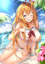 Rule 34 | 1girl, ahoge, bikini, blue eyes, blush, braid, breasts, cleavage, commentary request, day, hair between eyes, hair ornament, highres, large breasts, long hair, looking at viewer, one eye closed, open mouth, orange hair, partially submerged, pecorine (princess connect!), pecorine (summer) (princess connect!), princess connect!, ribbon, rumiko (rmeco), see-through, smile, solo, swimsuit, very long hair, wet, white bikini