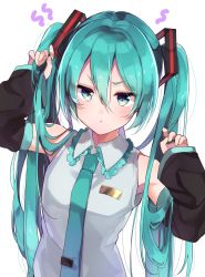 Rule 34 | 1girl, :t, aqua eyes, aqua necktie, armpits, bare shoulders, collared shirt, detached sleeves, frills, goroo (eneosu), grey shirt, hair between eyes, hair ornament, hands up, hatsune miku, highres, holding, holding own hair, long hair, long sleeves, looking at viewer, necktie, pout, shirt, simple background, solo, twintails, upper body, v-shaped eyebrows, vocaloid, white background