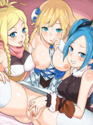 Rule 34 | 3girls, :o, aqua eyes, blonde hair, blue eyes, blue hair, blue valkyrie (p&amp;d), bottomless, breasts, censored, commentary request, cross-laced clothes, dutch angle, covered erect nipples, eyelashes, fingering, fingerless gloves, gloves, hair ornament, henry bird 9, idunn &amp; idunna, large breasts, looking at viewer, mosaic censoring, multiple girls, nipples, no panties, open mouth, parted lips, presenting, pussy, puzzle &amp; dragons, sitting, smile, spread legs, spread pussy, tears, valkyrie (p&amp;d), water valkyrie (p&amp;d), white legwear, yuri