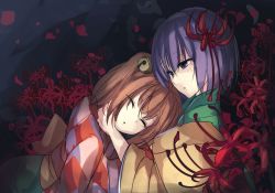Rule 34 | 2girls, bad id, bad twitter id, bell, brown hair, closed eyes, flower, green skirt, hair bell, hair flower, hair ornament, hand on another&#039;s cheek, hand on another&#039;s face, hieda no akyuu, janne cherry, japanese clothes, jingle bell, kimono, motoori kosuzu, multiple girls, one-hour drawing challenge, parted lips, plaid, plaid shirt, purple eyes, purple hair, sash, shirt, short hair, skirt, sleeping, sleeping on person, spider lily, touhou, two side up, upper body, wide sleeves