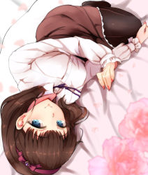 Rule 34 | 1girl, bad id, bad pixiv id, black pantyhose, blurry, blush, brown hair, closed mouth, collared shirt, commentary request, depth of field, flower, frilled skirt, frilled sleeves, frills, hairband, highres, idolmaster, idolmaster cinderella girls, long sleeves, looking at viewer, lying, nail polish, on side, pantyhose, petals, purple hairband, red nails, ryuu., sakuma mayu, shirt, shirt tucked in, skirt, smile, solo, upside-down, white shirt