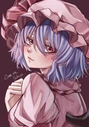 Rule 34 | 1girl, bat wings, black background, blue hair, closed mouth, english text, hat, hat ribbon, highres, looking at viewer, mahoro (minase mahoro), mob cap, pink hat, red eyes, red ribbon, remilia scarlet, ribbon, short hair, simple background, solo, touhou, upper body, wings