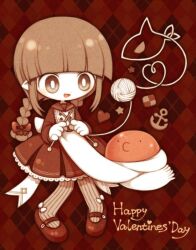 Rule 34 | 1girl, anchor symbol, animal, argyle, argyle background, back bow, blunt bangs, bow, braid, bright pupils, brown hair, checkerboard cookie, colored skin, cookie, dress, english text, food, footwear bow, frilled dress, frills, funamusea, funamusea (artist), grey eyes, grey pantyhose, hair bow, happy valentine, heart, heart of string, holding, knitting, knitting needle, light blush, long hair, looking at another, needle, o3o, octopus, oounabara to wadanohara, open mouth, pantyhose, petite, pointy ears, promotional art, red background, red bow, red dress, red footwear, scarf, sidelocks, solo focus, star (symbol), string, striped clothes, striped pantyhose, tarako (funamusea), twin braids, valentine, vertical-striped clothes, vertical-striped pantyhose, wadanohara, white bow, white pupils, white scarf, white skin, wool