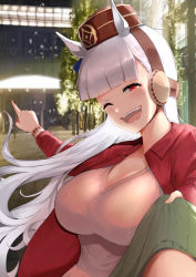 Rule 34 | 1girl, :d, absurdres, animal ears, blunt bangs, breasts, city, commentary request, dating, gold ship (umamusume), grey hair, grin, highres, horse ears, horse girl, jacket, large breasts, long hair, nenma, night, one eye closed, open clothes, open jacket, open mouth, outdoors, pillbox hat, pink shirt, red eyes, red jacket, shirt, shirt grab, smile, solo focus, umamusume, upper body