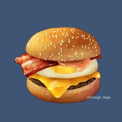 Rule 34 | bacon, blue background, bun (food), burger, cheese, food, food focus, highres, meat, no humans, original, sesame seeds, simple background, still life, twitter username, wasya usya