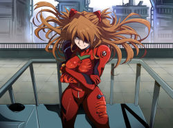 Rule 34 | 1girl, blue eyes, bodysuit, breasts, brown hair, building, city, crossed arms, curvy, evangelion: 3.0 you can (not) redo, eyepatch, fujitaka nasu, getter robo, gunbuster pose, interface headset, long hair, looking at viewer, neon genesis evangelion, one eye covered, plugsuit, rebuild of evangelion, red bodysuit, shaded face, shin getter robo, smile, smug, solo, souryuu asuka langley, standing, thighs, twintails
