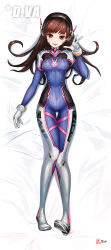 Rule 34 | 1girl, absurdres, acronym, animal print, arm at side, artist name, bed sheet, blue bodysuit, bodysuit, bracer, breasts, brown eyes, brown hair, character name, clothes writing, covered navel, d.va (overwatch), dakimakura (medium), facepaint, facial mark, full body, gloves, head tilt, headphones, high collar, highres, jjickjjicke, long hair, looking at viewer, lying, on back, overwatch, overwatch 1, parted lips, pilot suit, pink lips, rabbit print, ribbed bodysuit, shoulder pads, signature, skin tight, small breasts, smile, solo, swept bangs, thigh gap, tongue, tongue out, whisker markings, white background, white gloves