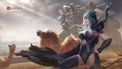Rule 34 | 1girl, absurdres, armored leotard, arrow (projectile), blue hair, blue hood, blue leotard, boots, bow, bow (weapon), breasts, camel, character name, cleavage, closed mouth, cloud, cloudy sky, desert, dota (series), dota 2, drow ranger (dota), grey sky, hand on own hip, highres, ja1990, leotard, lips, lipstick, long hair, makeup, outdoors, purple eyes, quiver, rock, sky, solo, thigh boots, thighhighs, tiny (dota), weapon