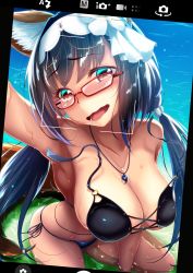 Rule 34 | 1girl, animal ears, bikini, black bikini, black hair, blush, breasts, cellphone, cleavage, collarbone, commentary request, embarrassed, fate/grand order, fate (series), fox ears, fox tail, glasses, hair bobbles, hair ornament, hairband, large breasts, long hair, looking at viewer, magatama, magatama necklace, necklace, o-ring, o-ring bikini, ocean, open mouth, osakabehime (fate), osakabehime (foxy lady) (fate), phone, red-framed eyewear, red eyes, saboten teishoku, selfie, side-tie bikini bottom, smartphone, solo, swimsuit, tail, twintails, very long hair, viewfinder, wardrobe malfunction, water, wavy mouth
